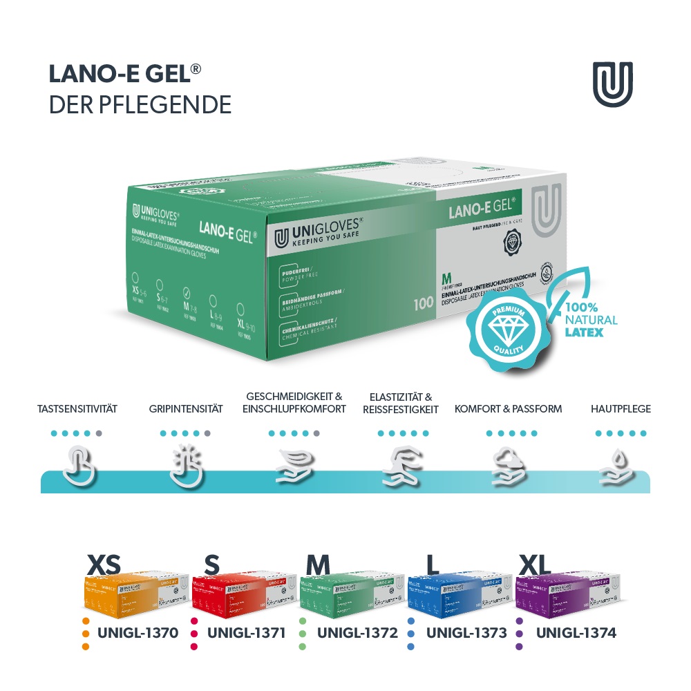 LANO-E-GEL® Einmal-Latexhandschuhe, unsteril, 100 St. - mit Lanolind® und Vitamin E