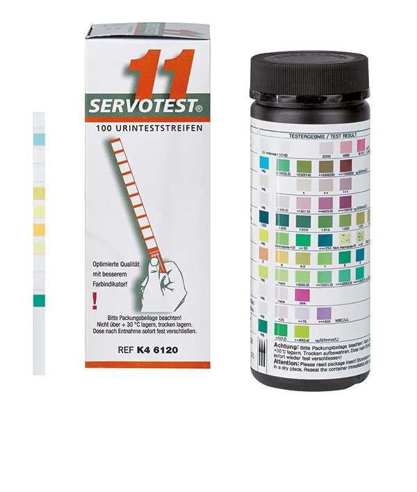 Servotest 11, 100 St. Ph,Gluc.,Keton,Nitrit,EW,Bili Uro.,Blut,Leuco,spez.Gewicht Ascorbin