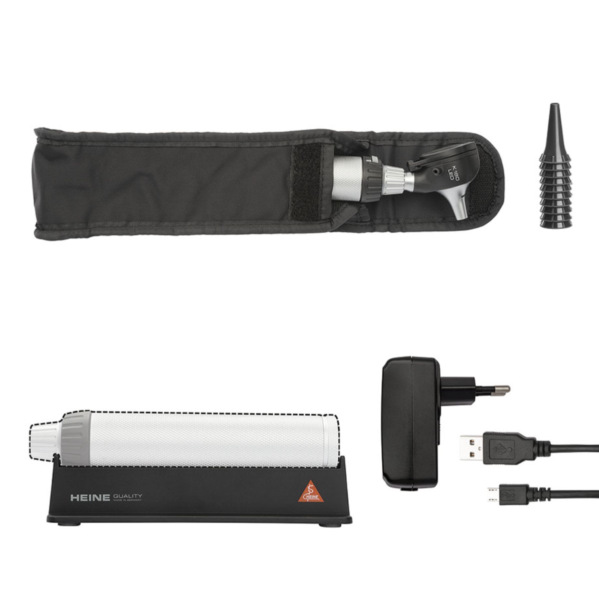 HEINE K 180 LED F.O. Otoskop-Set, mit BETA4 USB Ladegriff mit USB Kabel und Steckernetzteil