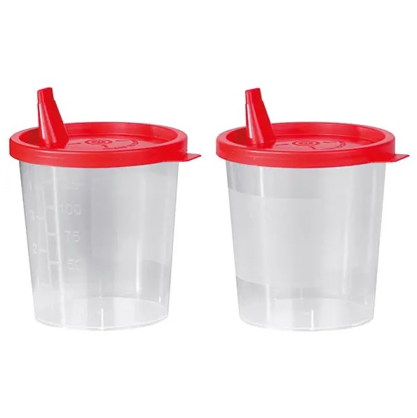 Urinbecher mit rotem Schnappdeckel und Ausguss 125ml, 100 St. (2x 50 Becher + 1 x 100 Deckel)