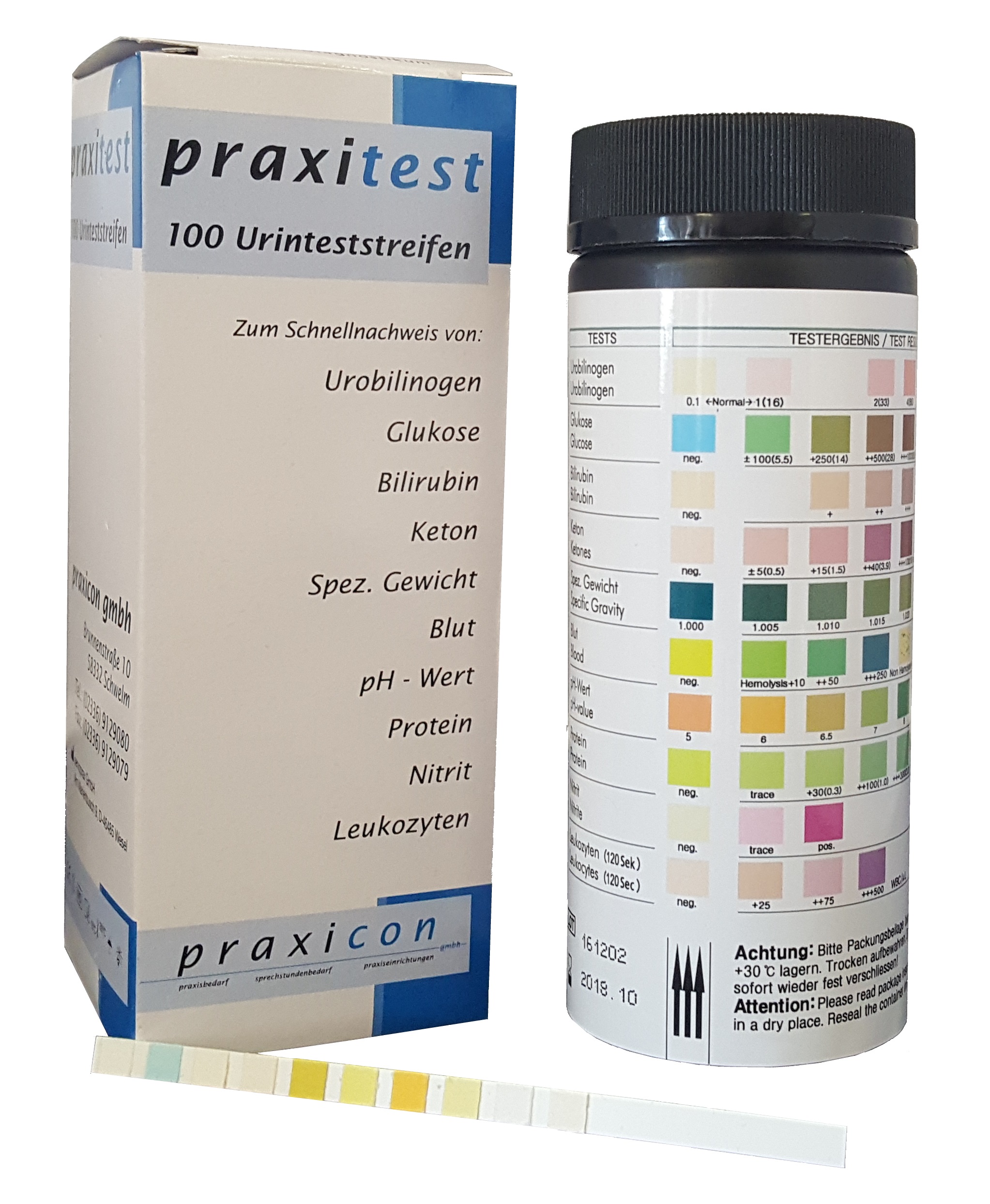 praxitest 10, 100 Urinteste Ph,Gluc.,Keton,Nitrit,EW,Bili Uro.,Blut,Leuco,spez.Gewicht