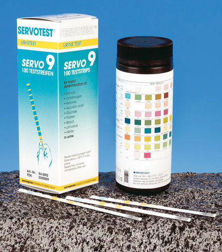 Servotest 9, 100 St. Ph,Gluc.,Keton,Nitrit,EW,Bili Uro.,Blut, spez. Gewicht