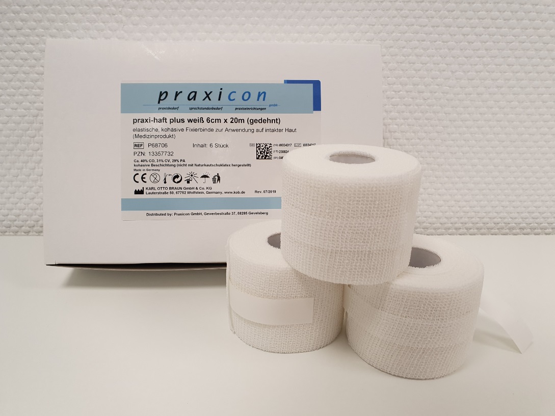 praxi-haft plus - latexfreie, kohäsive (haftende), elastische Fixierbinde, 6 Rollen praxi-haft plus - latexfreie, kohäsive (haftende), elastische Fixierbinde, 6 Rollen
