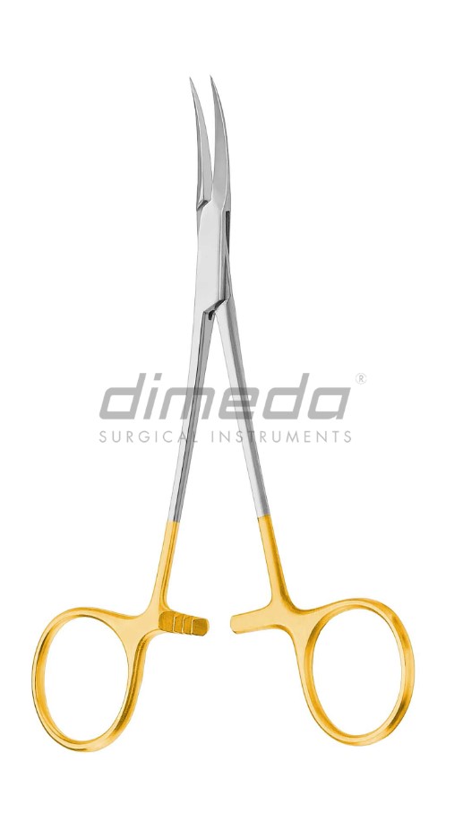 Vasektomie-Klemme gebogen, glatt,  14cm, mit vergoldeten Ringen